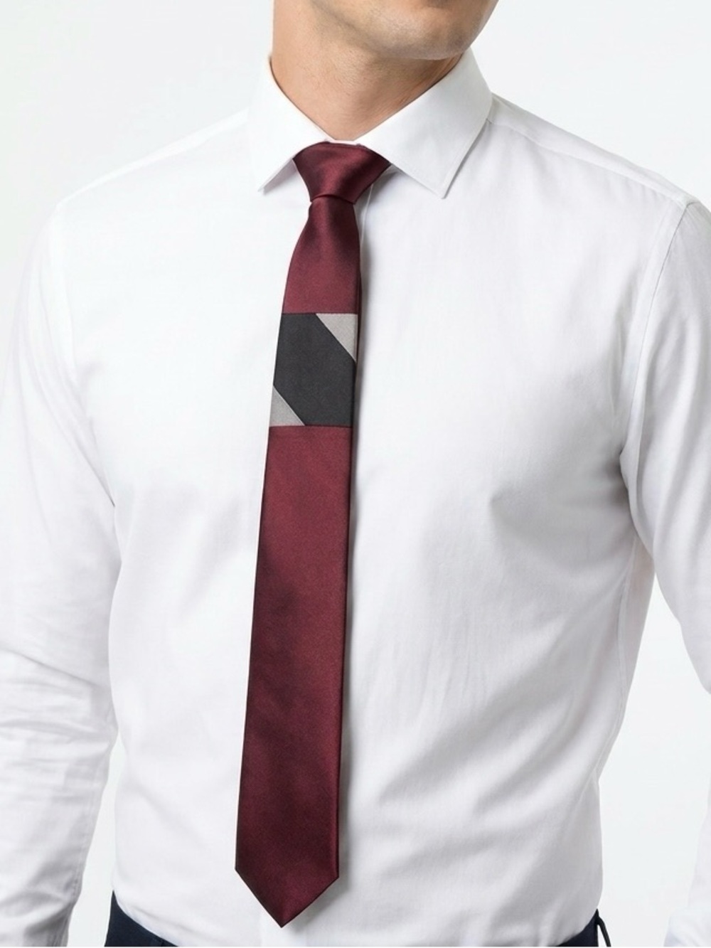Vintage 1950s Schiaparelli Burgundy Silk Colorblock Skinny Tie Union Made